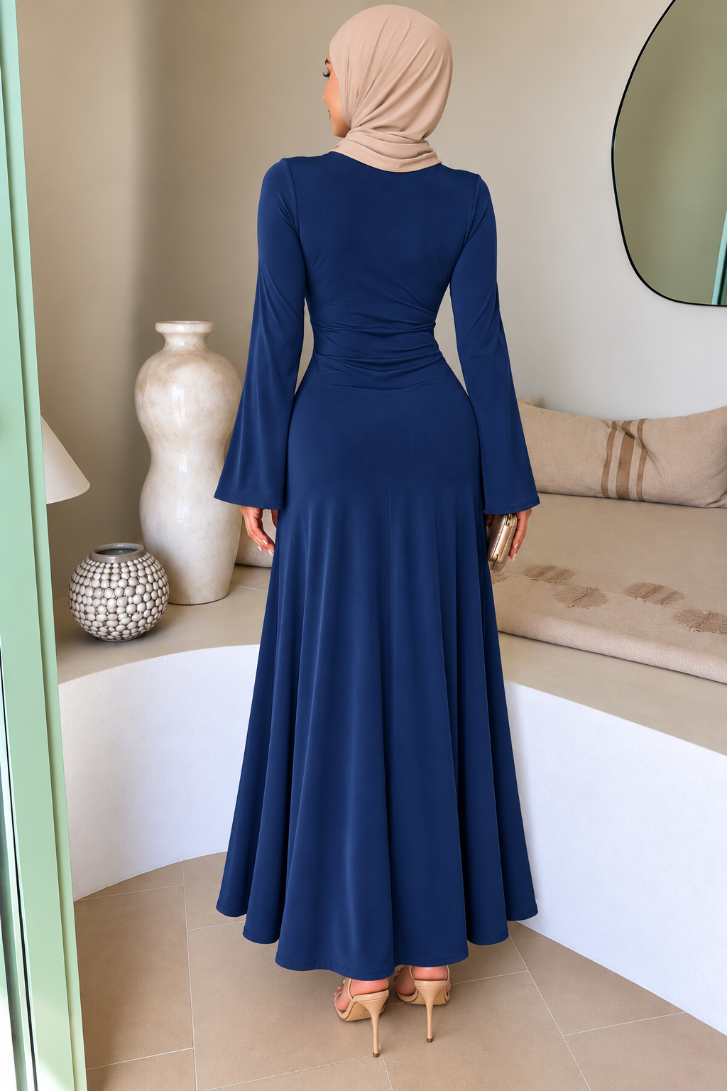 Navy Side Draped Buckle Maxi Dress