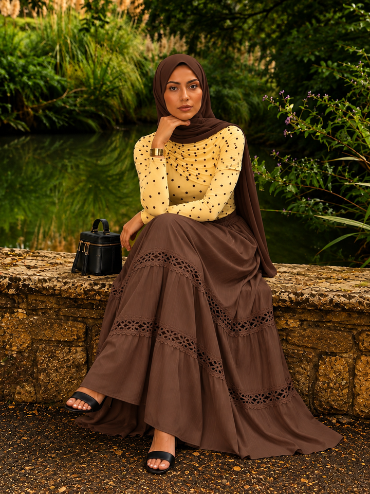 Brown Lace Tiered Maxi Skirt