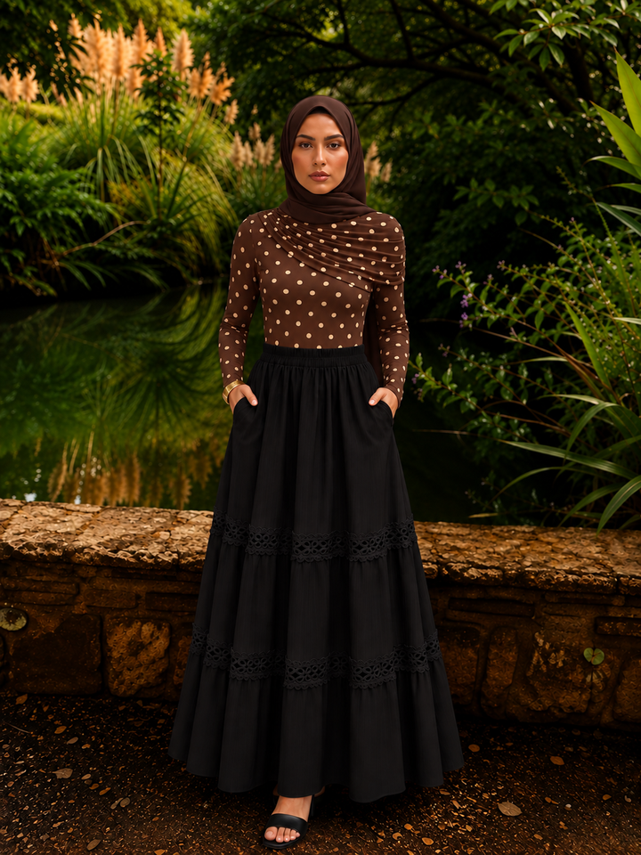 Black Lace Tiered Maxi Skirt