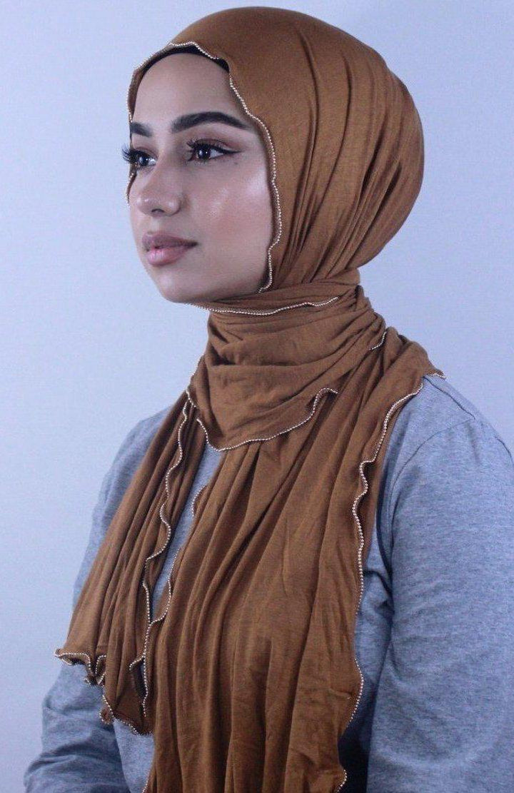 Caramel Jersey Solid With Beaded Trim Hijab - Urban Modesty