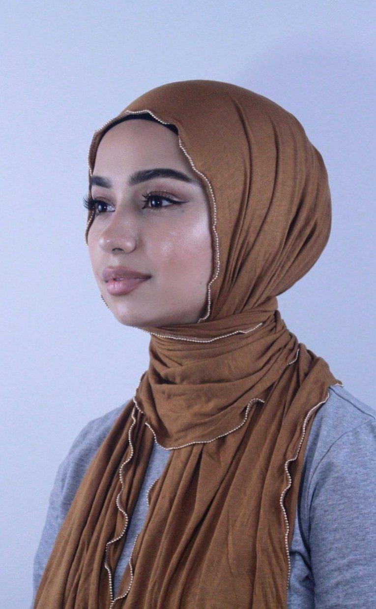 Caramel Jersey Solid With Beaded Trim Hijab - Urban Modesty