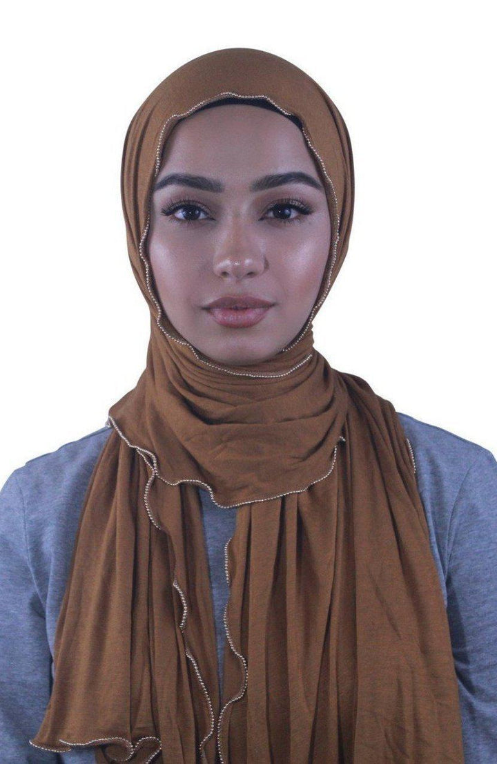 Caramel Jersey Solid With Beaded Trim Hijab - Urban Modesty