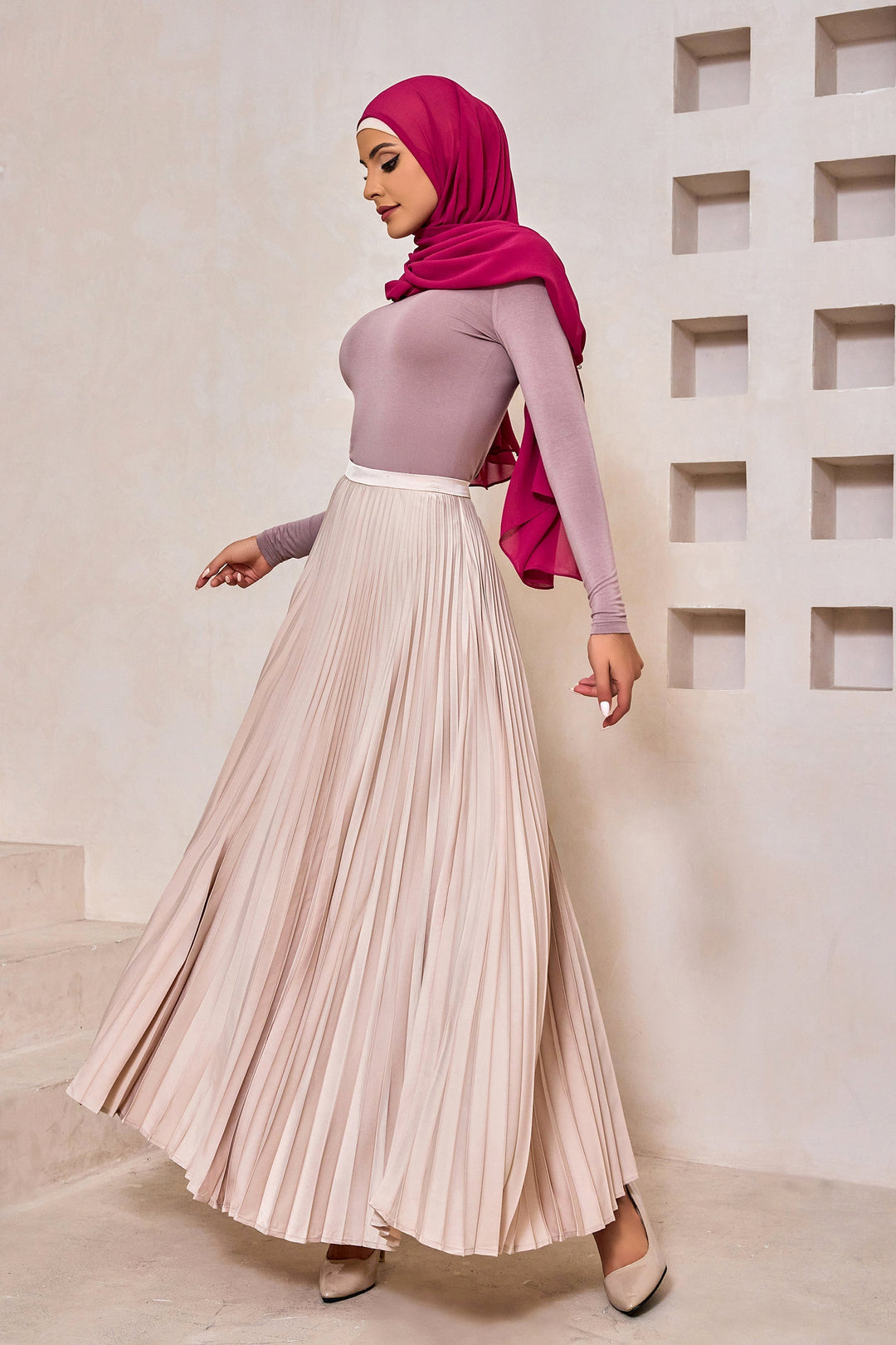 Champagne Satin Pleated Maxi Skirt-CLEARANCE