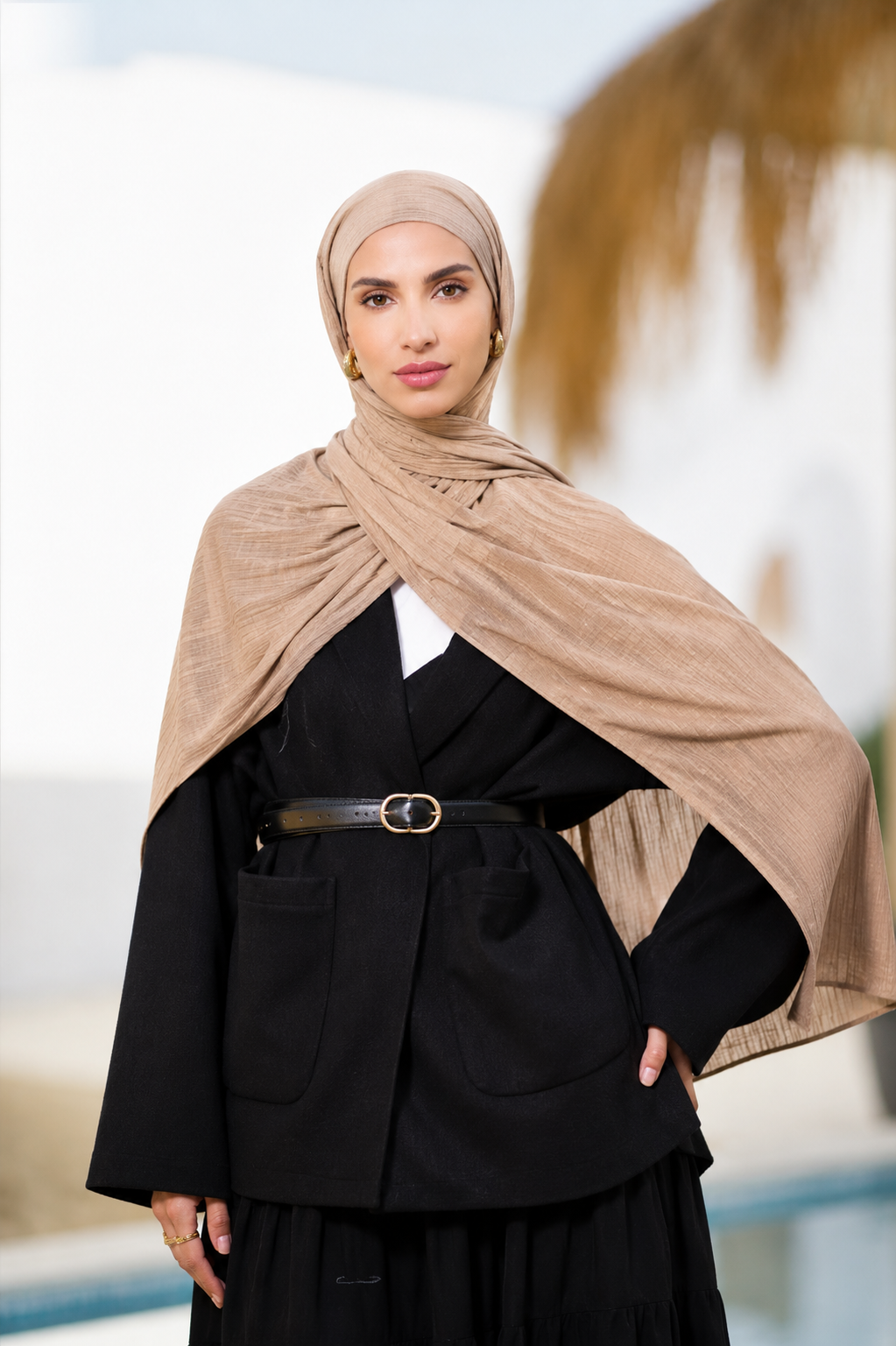 Beige Ribbed Jersey Hijab with Undercap