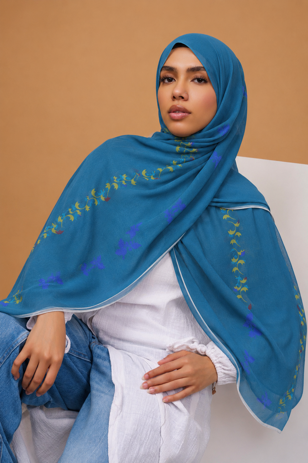 Teal Floral Trim Printed Chiffon Hijab