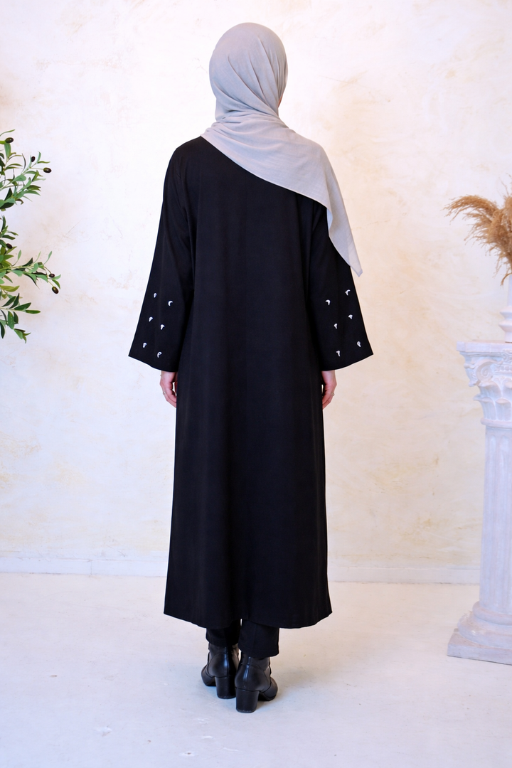 Black Moon Embroidered Open Front Abaya