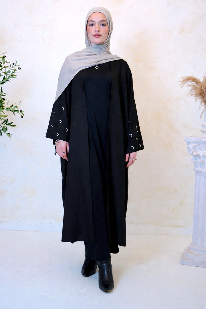Black Moon Embroidered Open Front Abaya