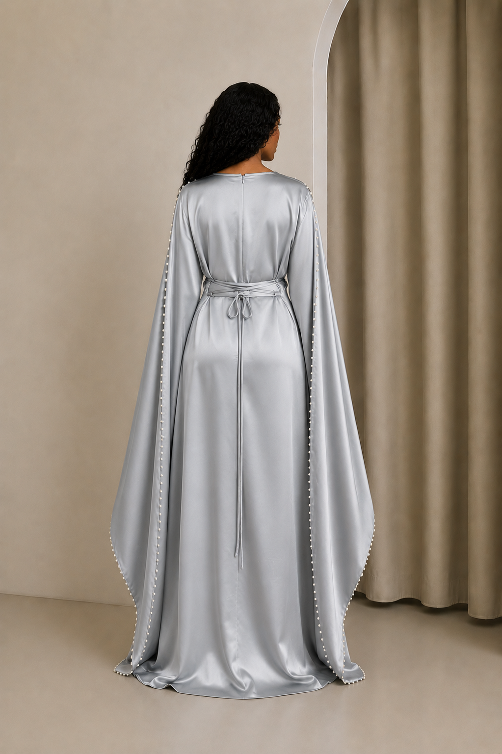 Silver Pearl Cape Long Sleeve Maxi Dress