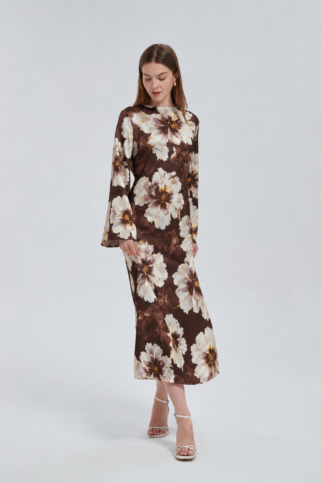 Brown Hibiscus Kimono Sleeves Maxi Dress
