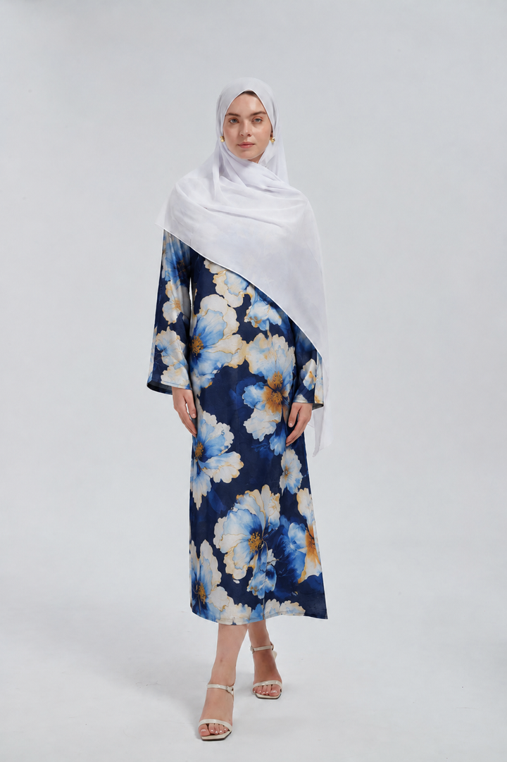 Navy Hibiscus Kimono Sleeves Maxi Dress