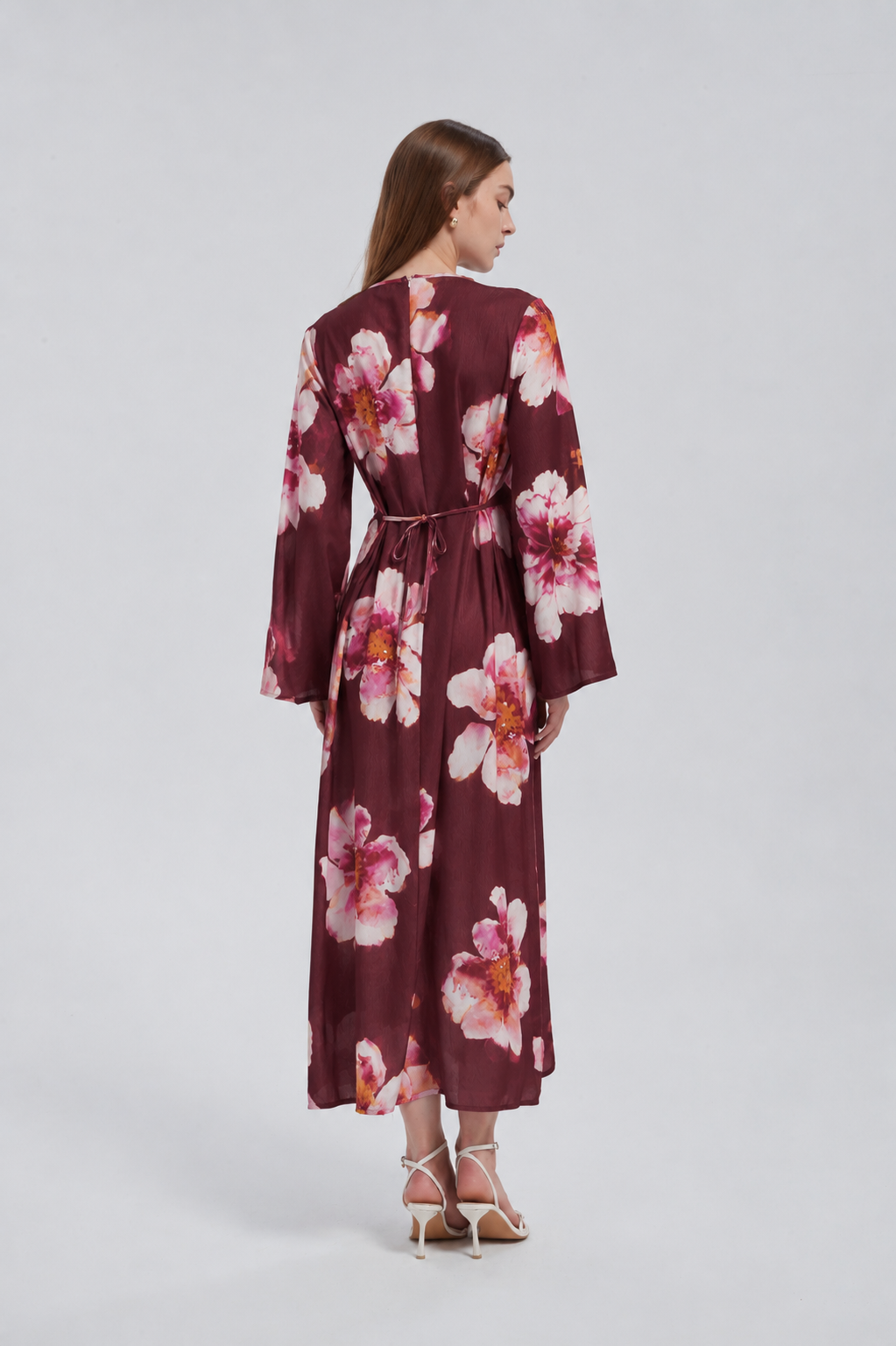 Maroon Hibiscus Kimono Sleeves Maxi Dress