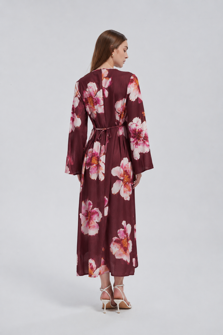 Maroon Hibiscus Kimono Sleeves Maxi Dress