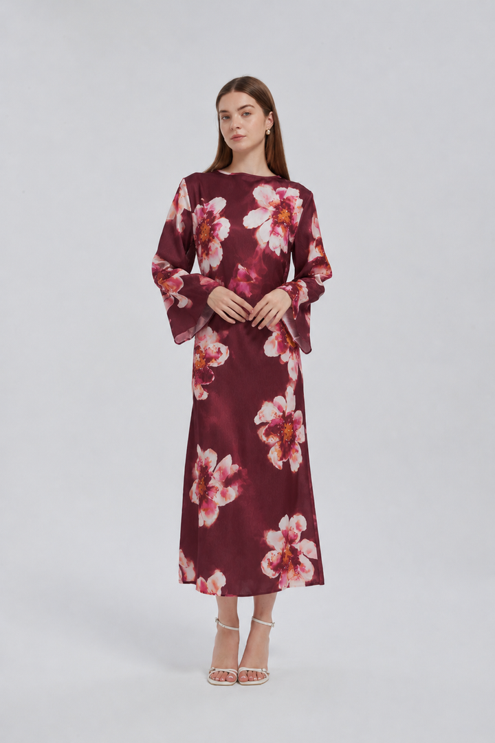 Maroon Hibiscus Kimono Sleeves Maxi Dress