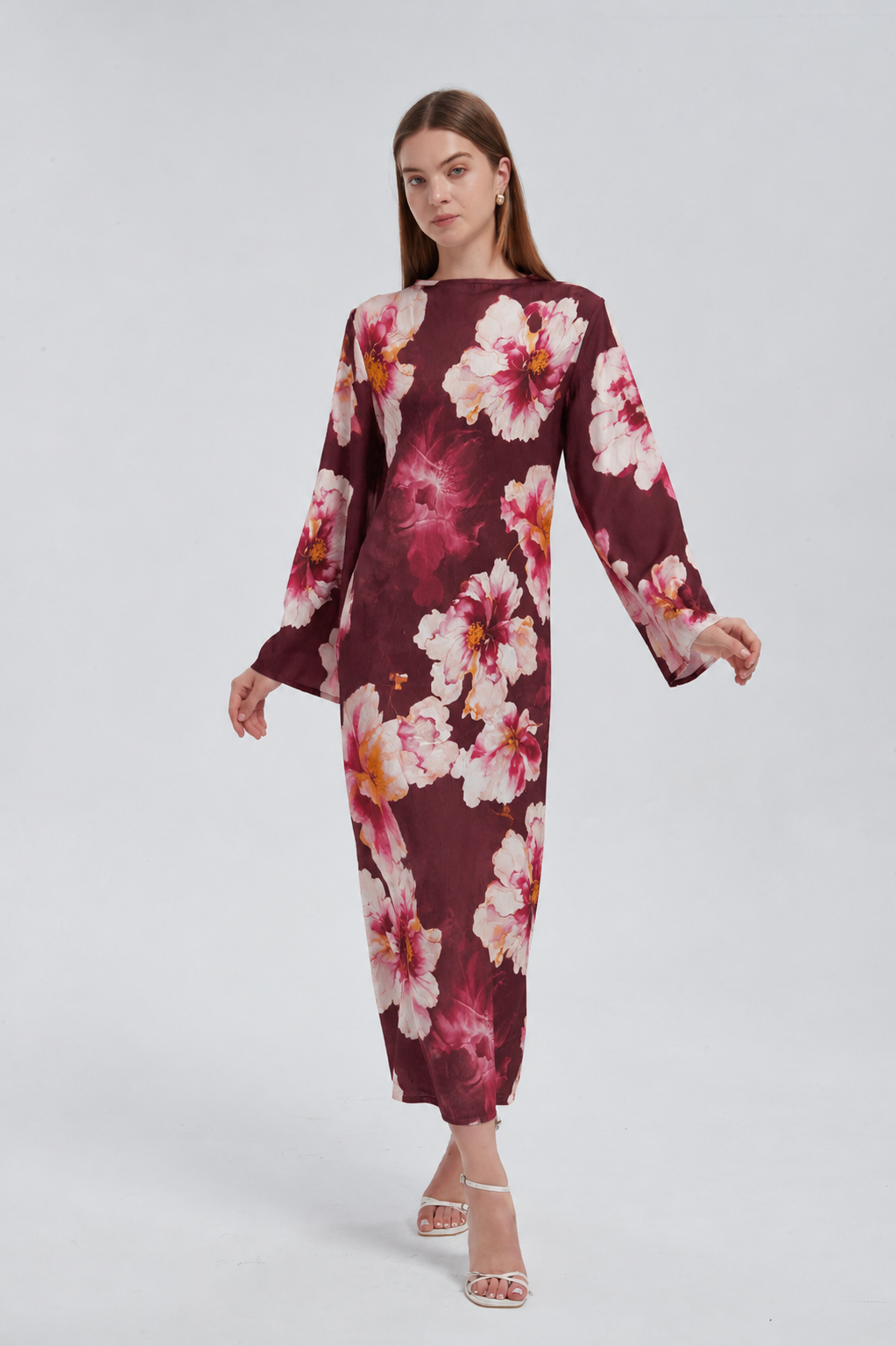 Maroon Hibiscus Kimono Sleeves Maxi Dress