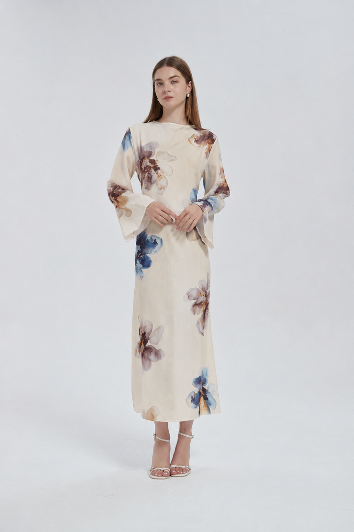 Beige Hibiscus Kimono Sleeves Maxi Dress