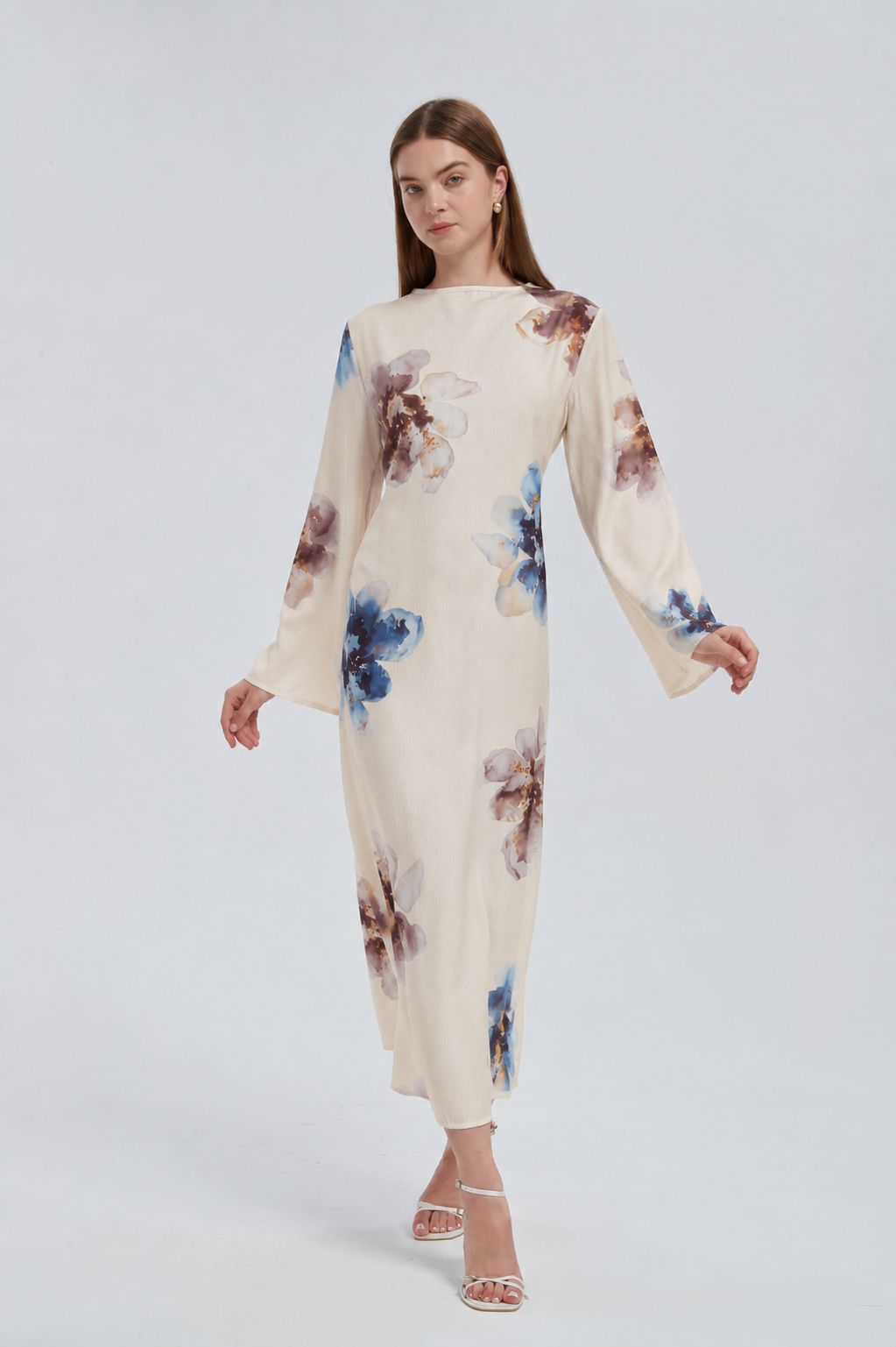 Beige Hibiscus Kimono Sleeves Maxi Dress