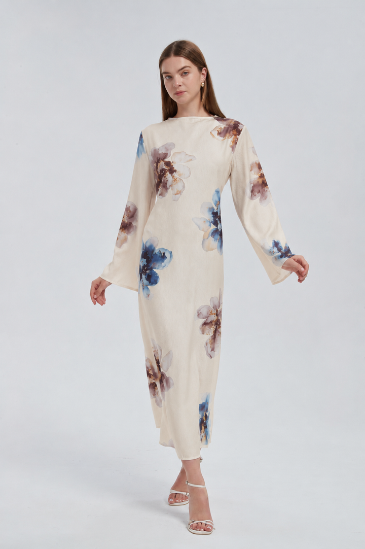Beige Hibiscus Kimono Sleeves Maxi Dress