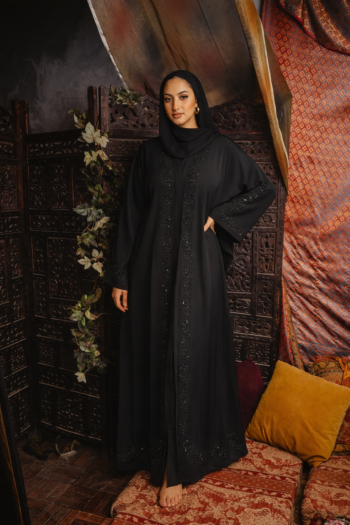 Black Beaded Swirl Abaya
