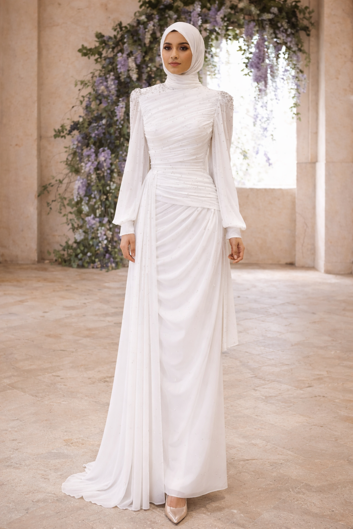 White Crystal Side Draped Gown
