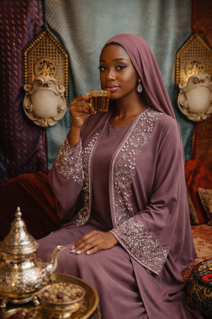 Pink and Silver Sequin Abaya Set