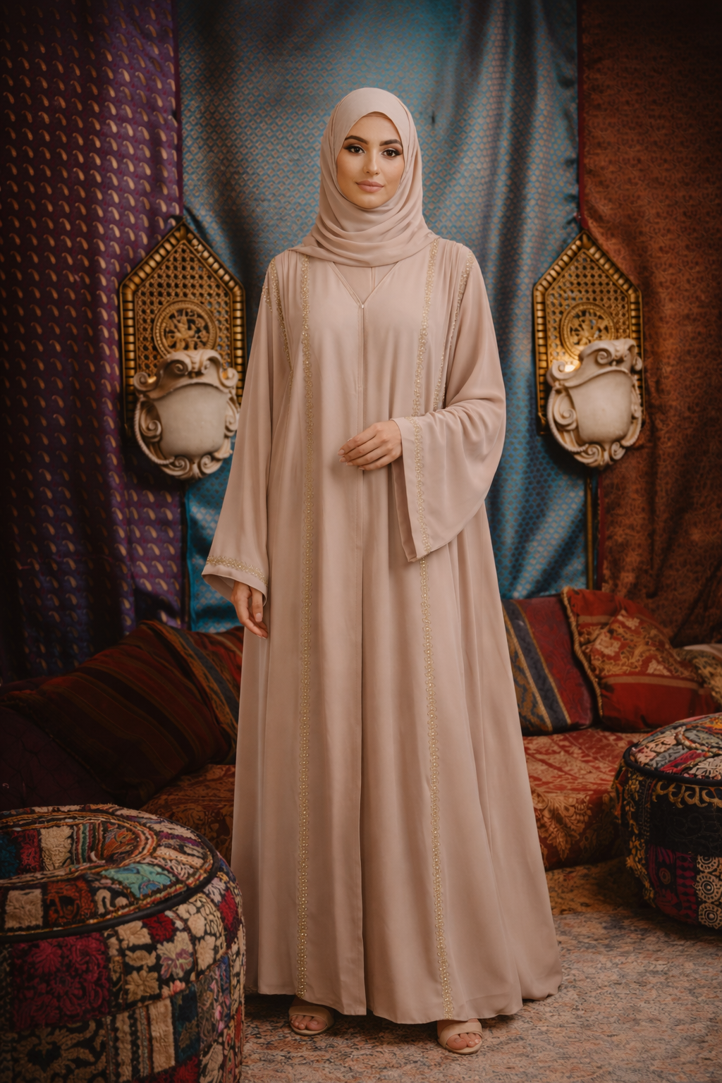 Beige Sequin Open Abaya