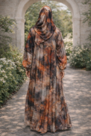 Back view of Sunset Vibes One Piece Salah Prayer Outfit in a garden setting.