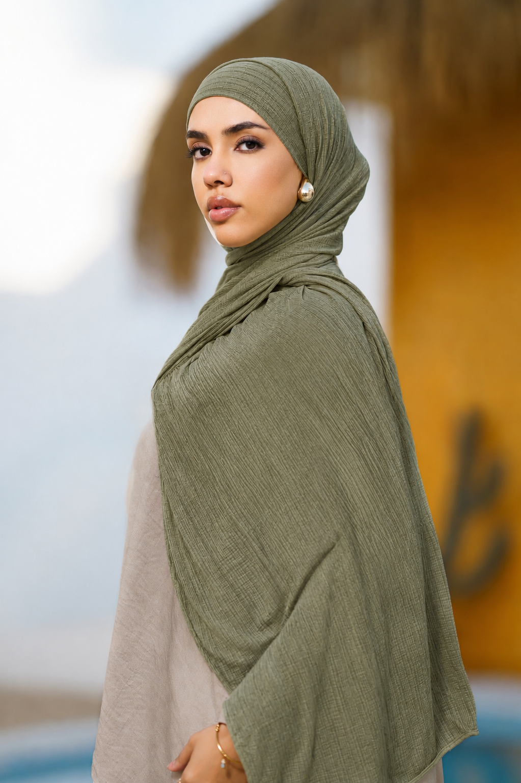 Green Ribbed Jersey Hijab with Undercap