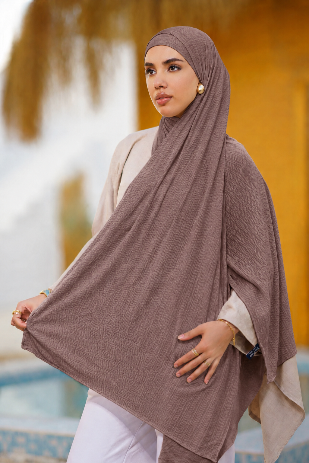 Light Brown Ribbed Jersey Hijab with Undercap