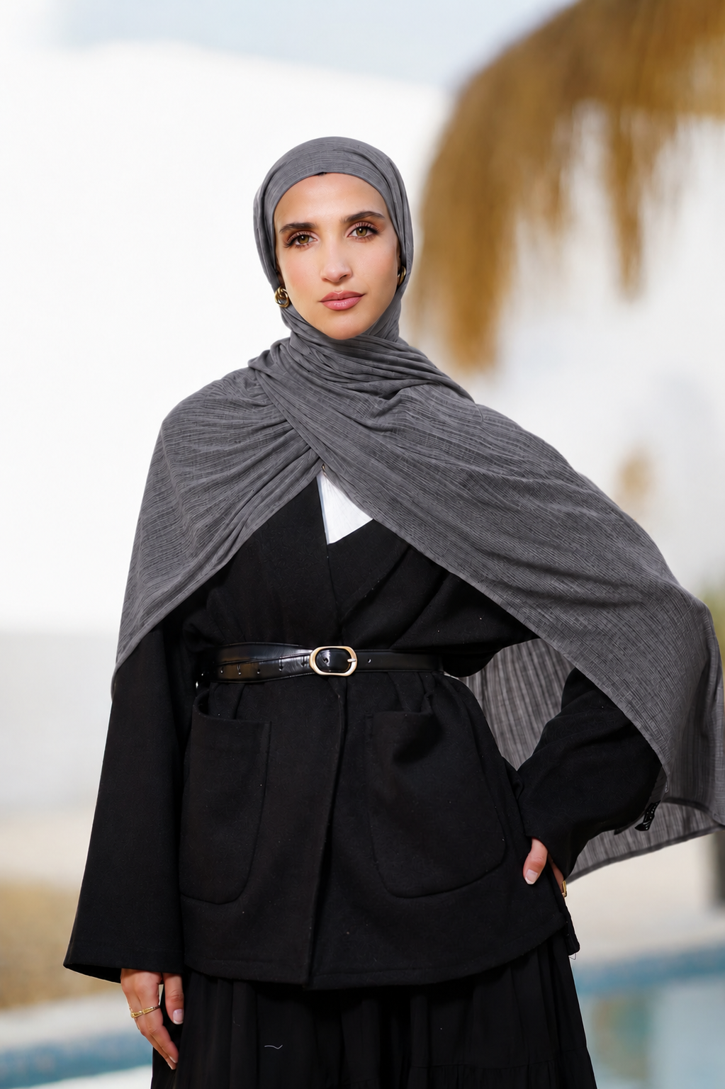 Dark Gray Ribbed Jersey Hijab with Undercap