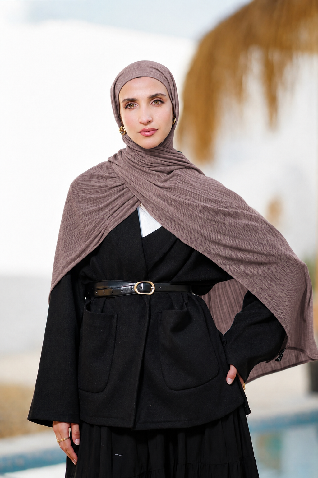 Deep Brown Ribbed Jersey Hijab with Undercap