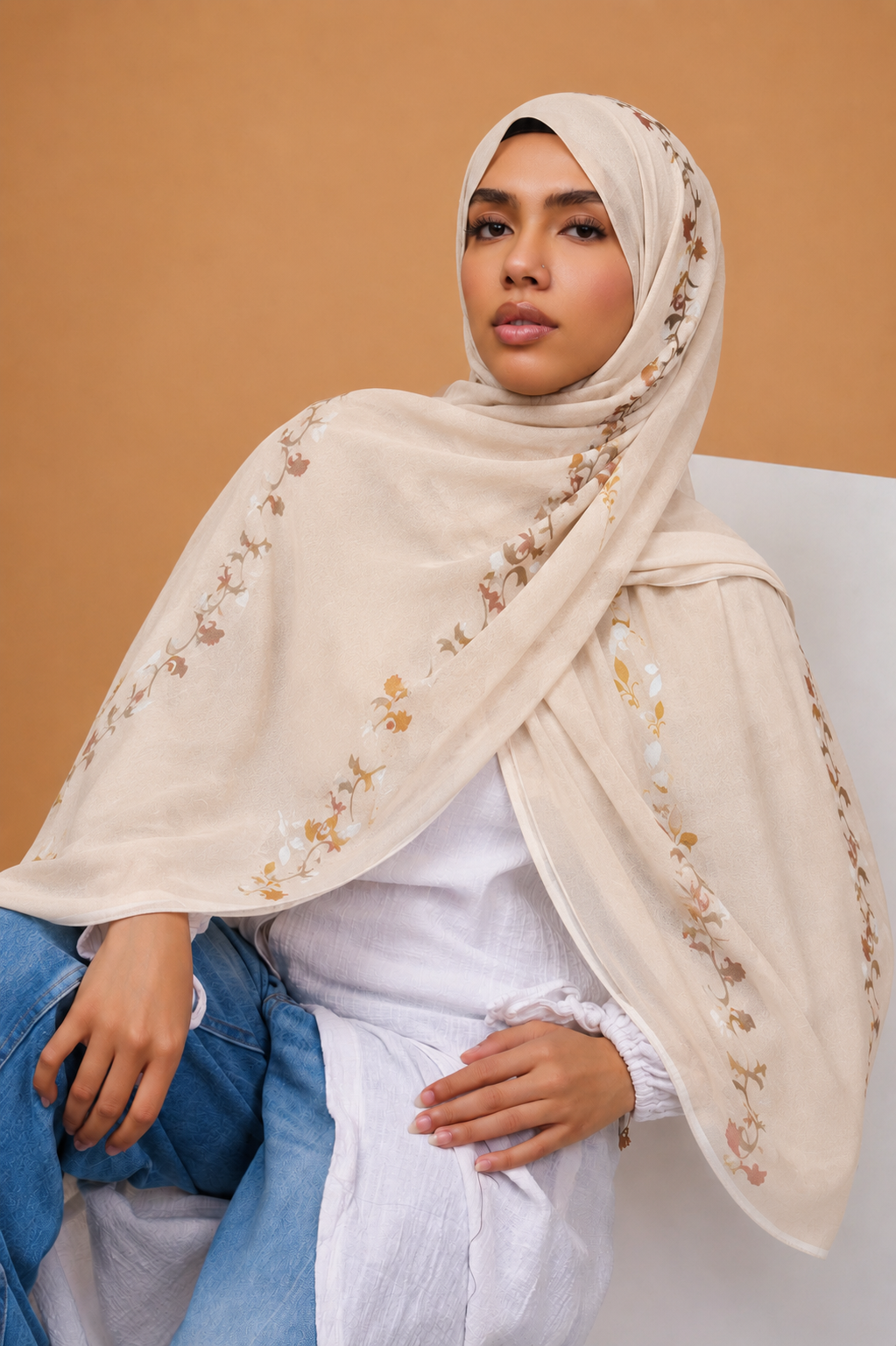 Peach Floral Trim Printed Chiffon Hijab