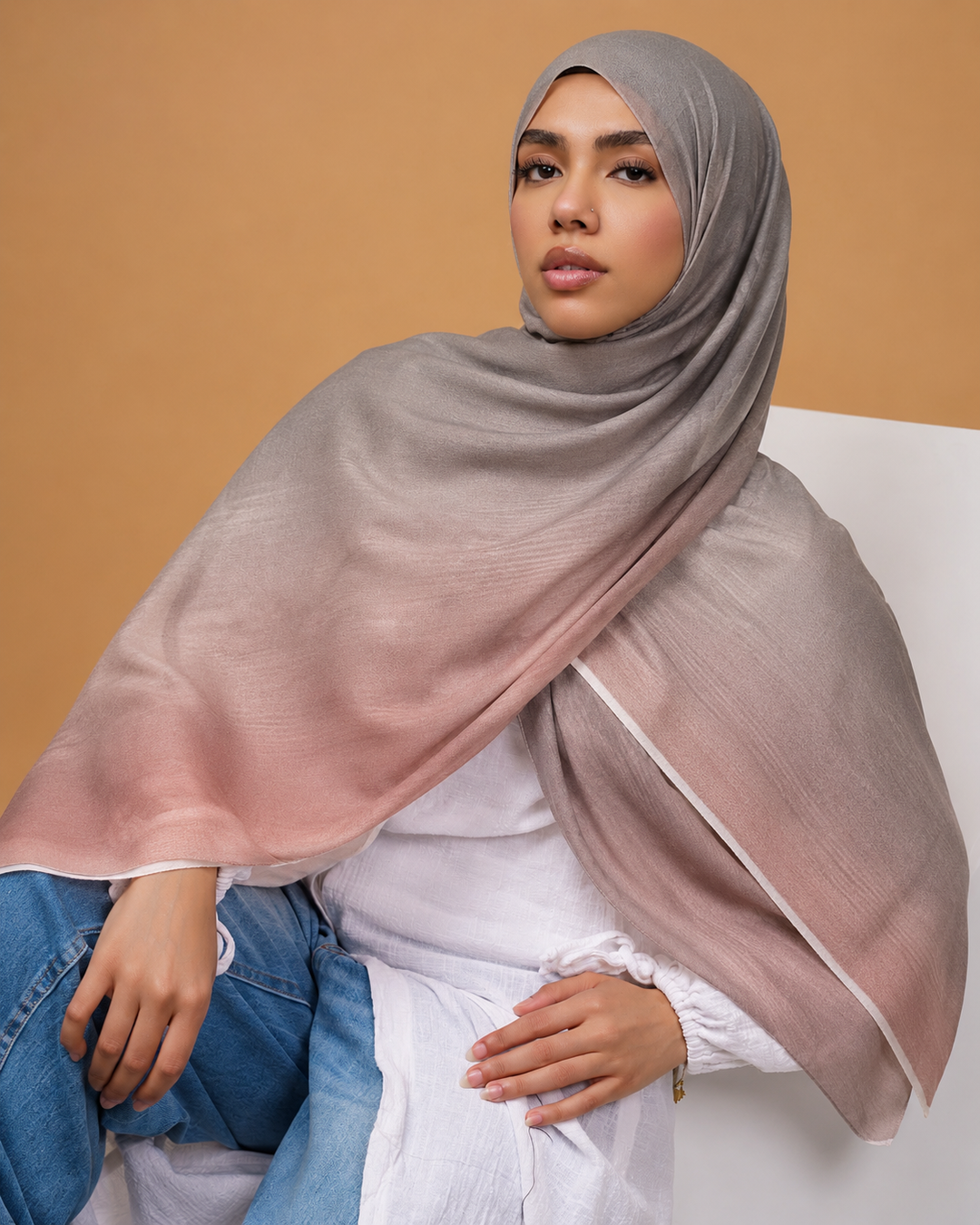 Pink and Gray Ombré Printed Chiffon Hijab