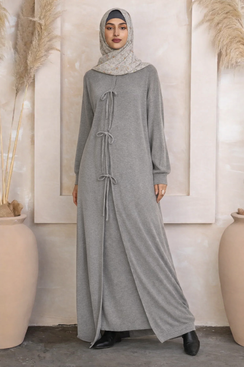 Woman wearing Bow Tie Sweater Dress and Cardigan Set by Urban Modesty