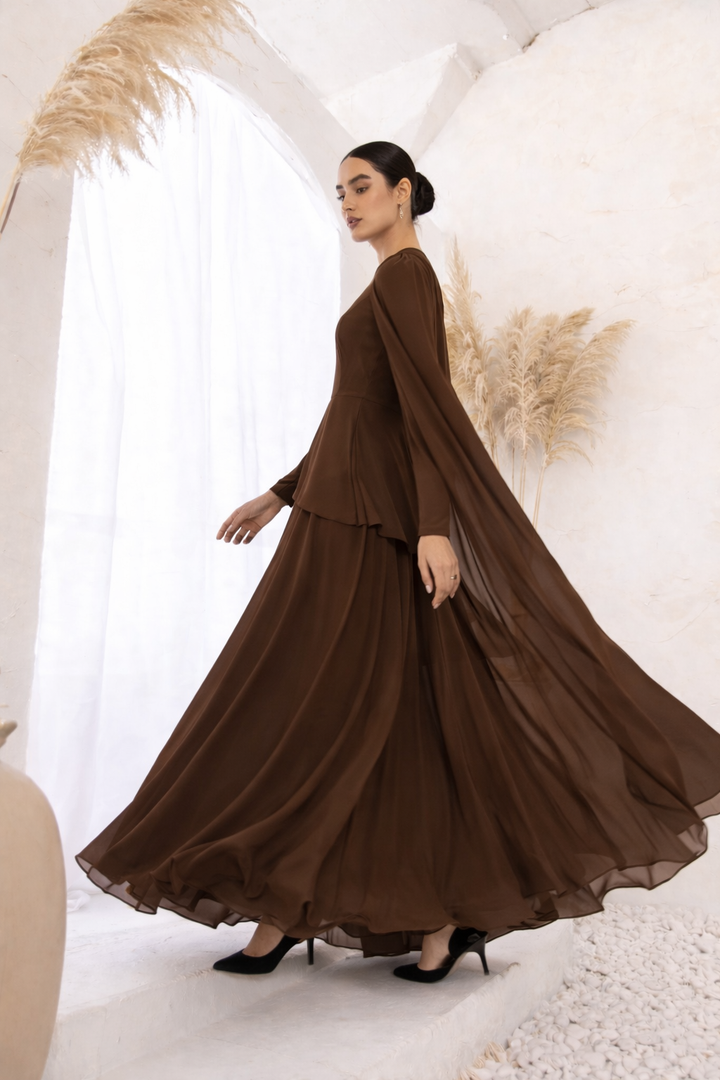 Brown Cape Long Sleeve Maxi Dress