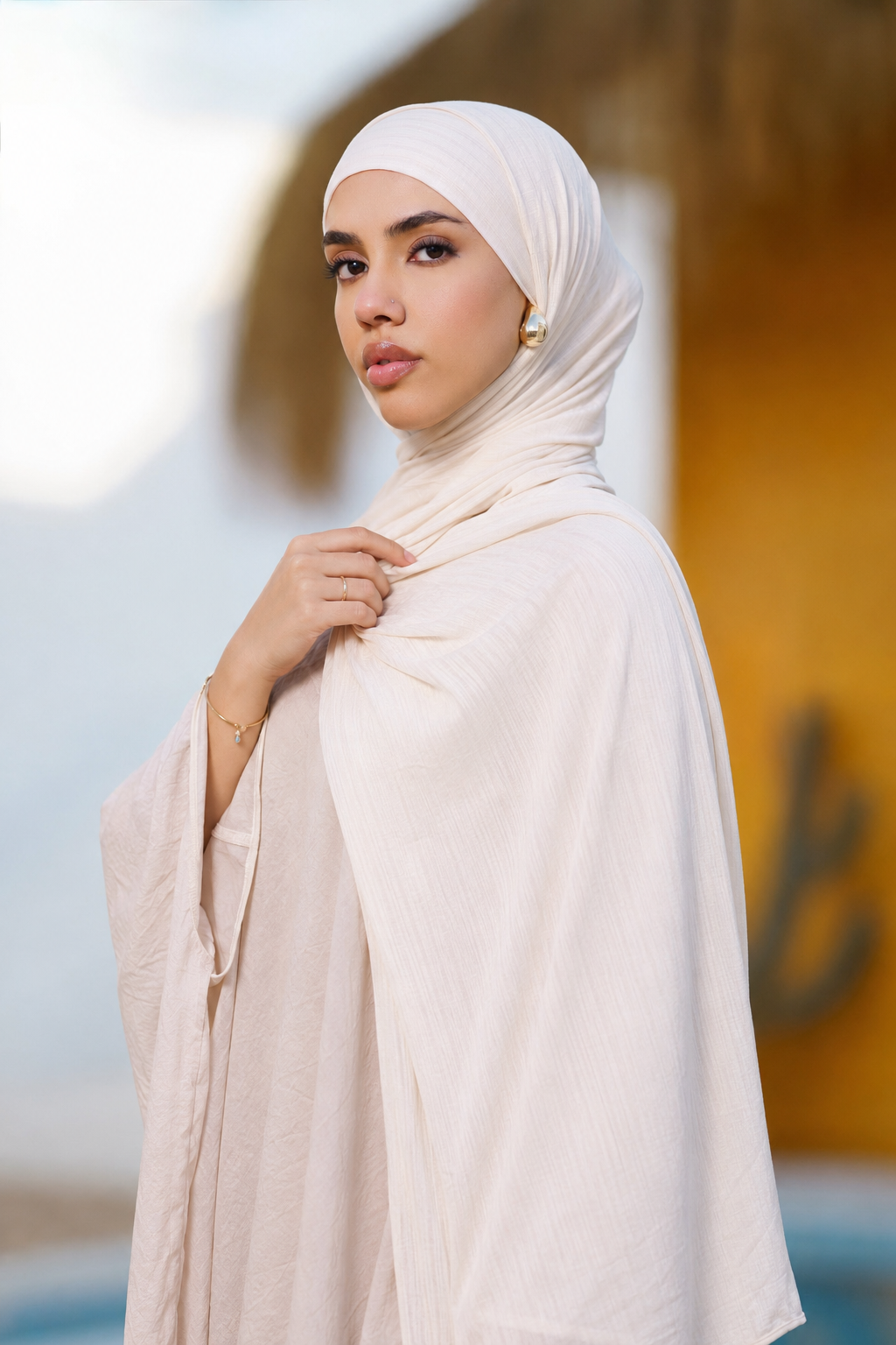 Cream Ribbed Jersey Hijab with Undercap