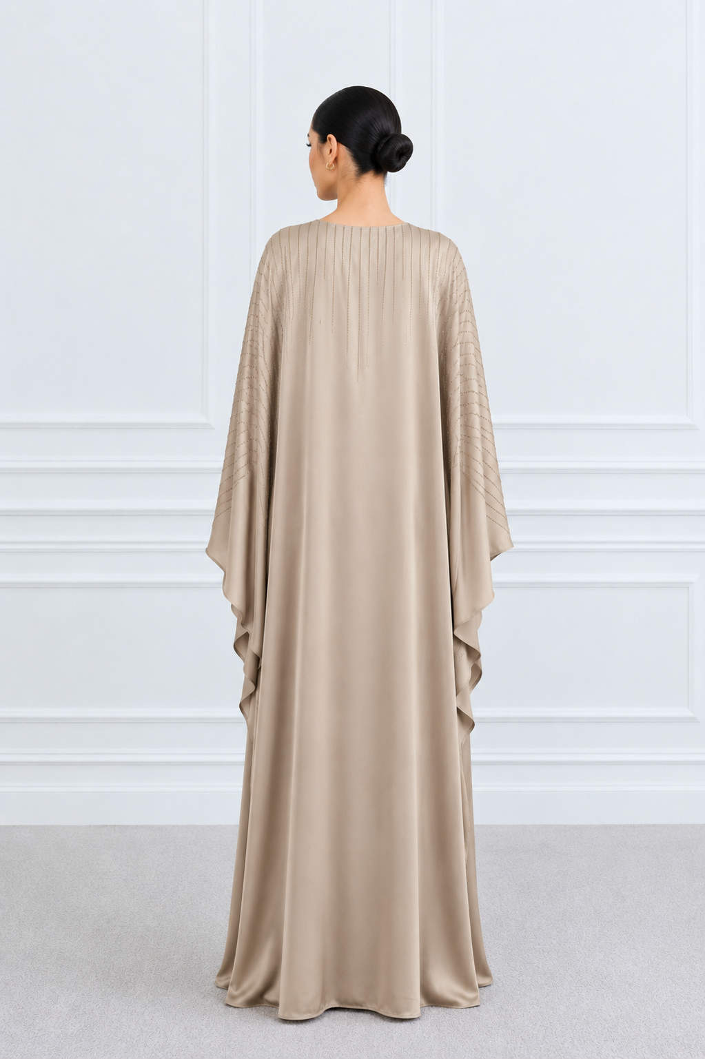 Taupe Rhinestone Satin Butterfly Abaya
