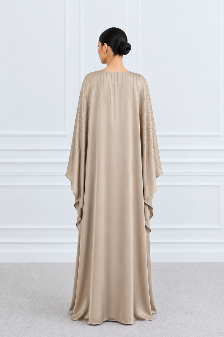 Taupe Rhinestone Satin Butterfly Abaya