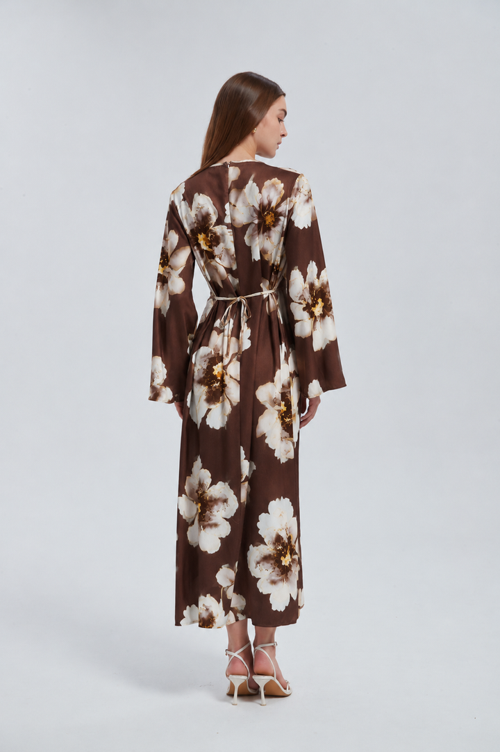 Brown Hibiscus Kimono Sleeves Maxi Dress