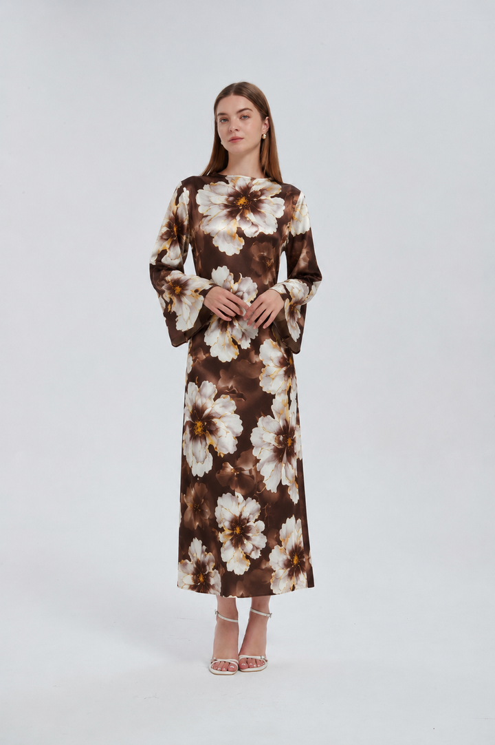 Brown Hibiscus Kimono Sleeves Maxi Dress