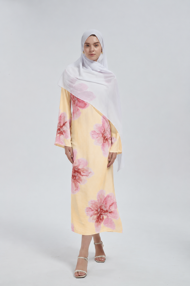 Yellow Hibiscus Kimono Sleeves Maxi Dress