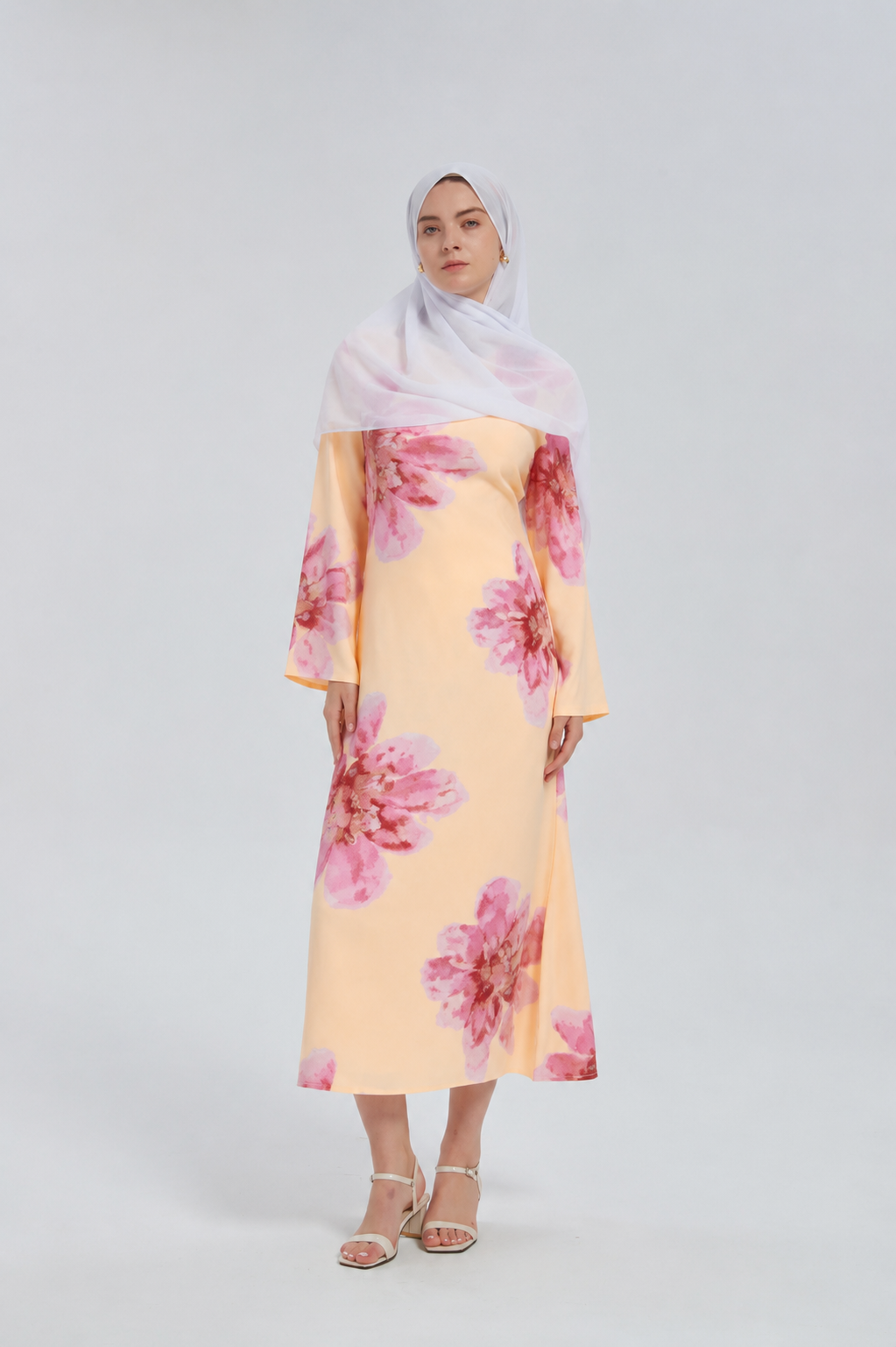 Yellow Hibiscus Kimono Sleeves Maxi Dress