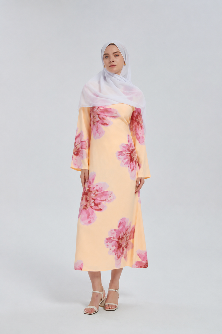 Yellow Hibiscus Kimono Sleeves Maxi Dress