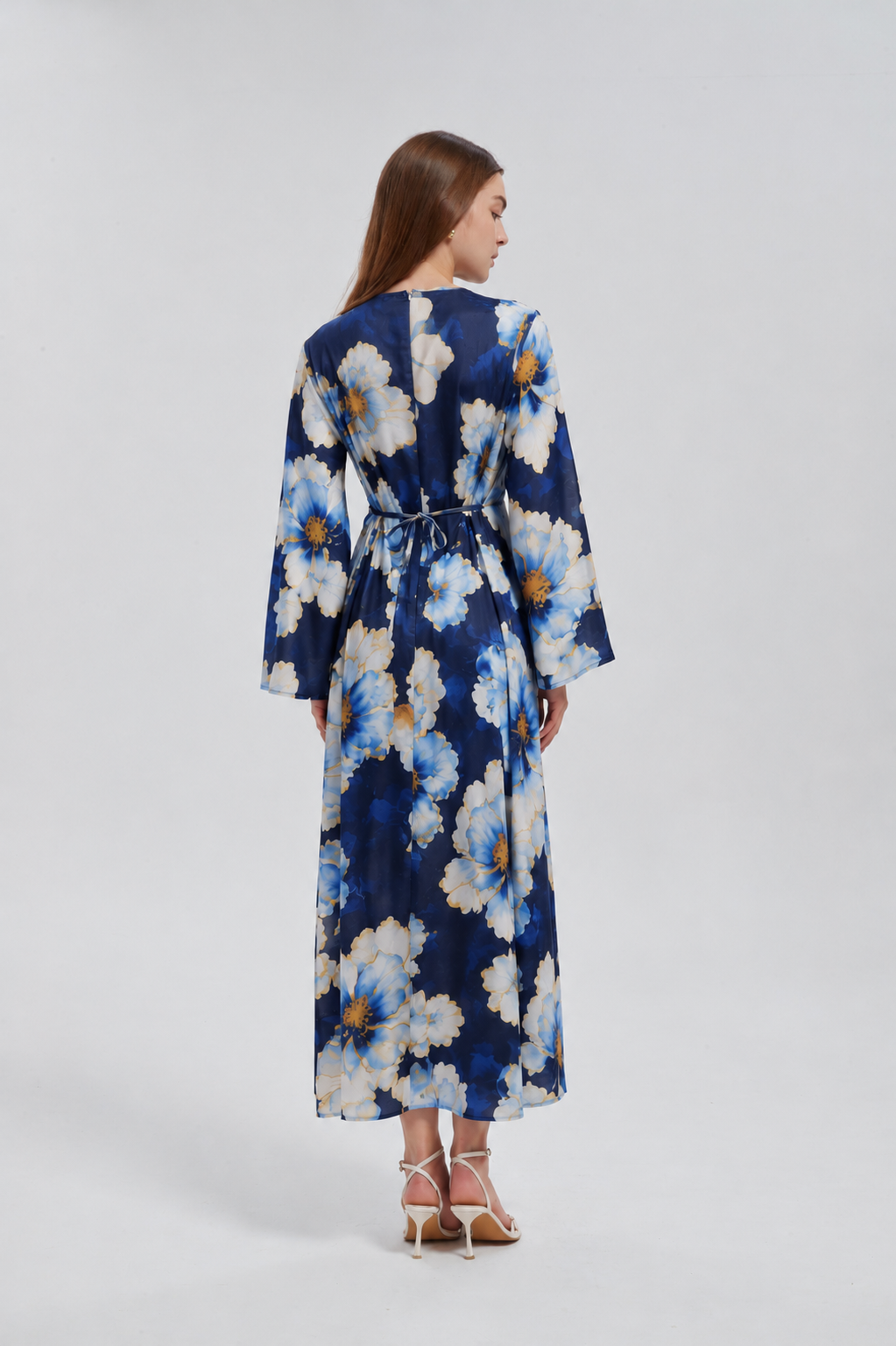 Navy Hibiscus Kimono Sleeves Maxi Dress