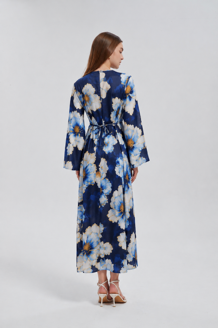 Navy Hibiscus Kimono Sleeves Maxi Dress