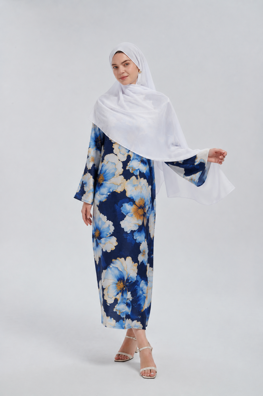 Navy Hibiscus Kimono Sleeves Maxi Dress