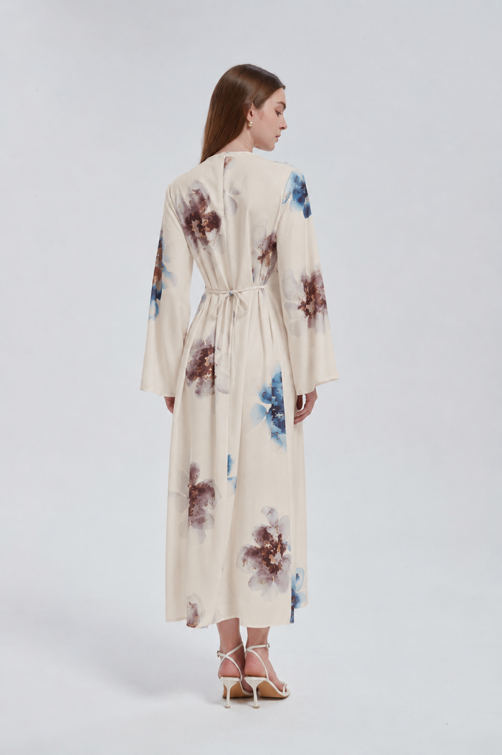 Beige Hibiscus Kimono Sleeves Maxi Dress