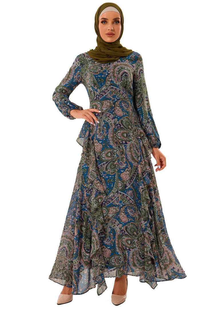 Chiffon Paisley Long Sleeve Maxi Dress - Urban Modesty