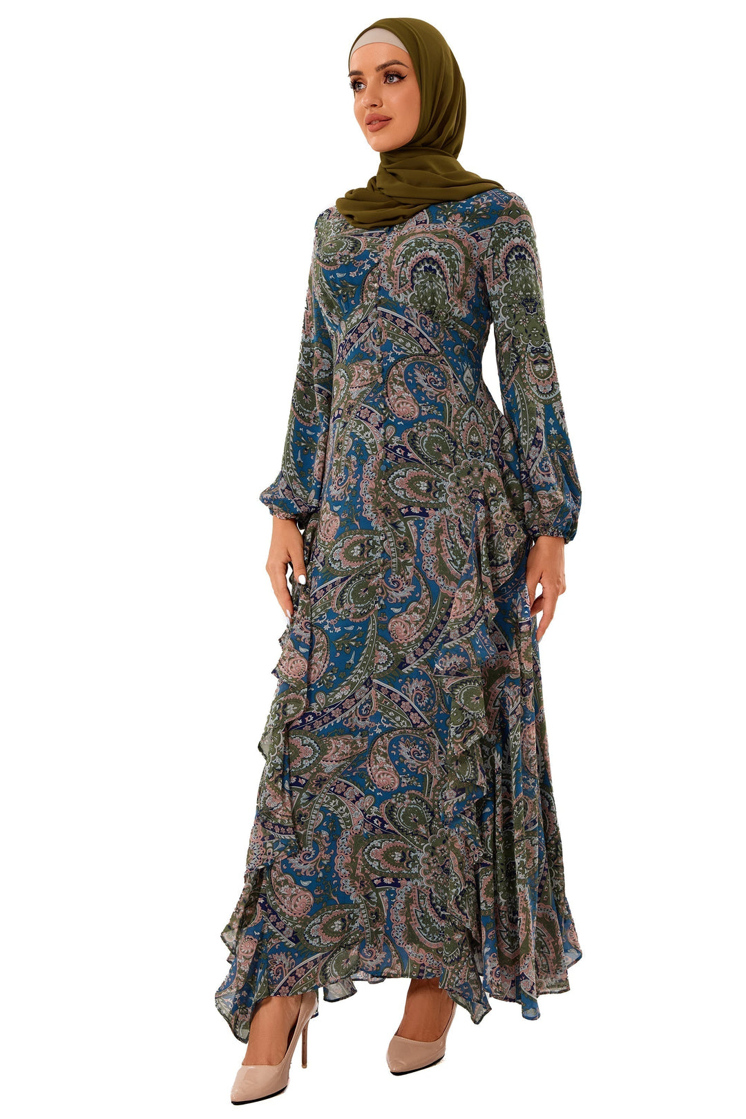 Chiffon Paisley Long Sleeve Maxi Dress - Urban Modesty