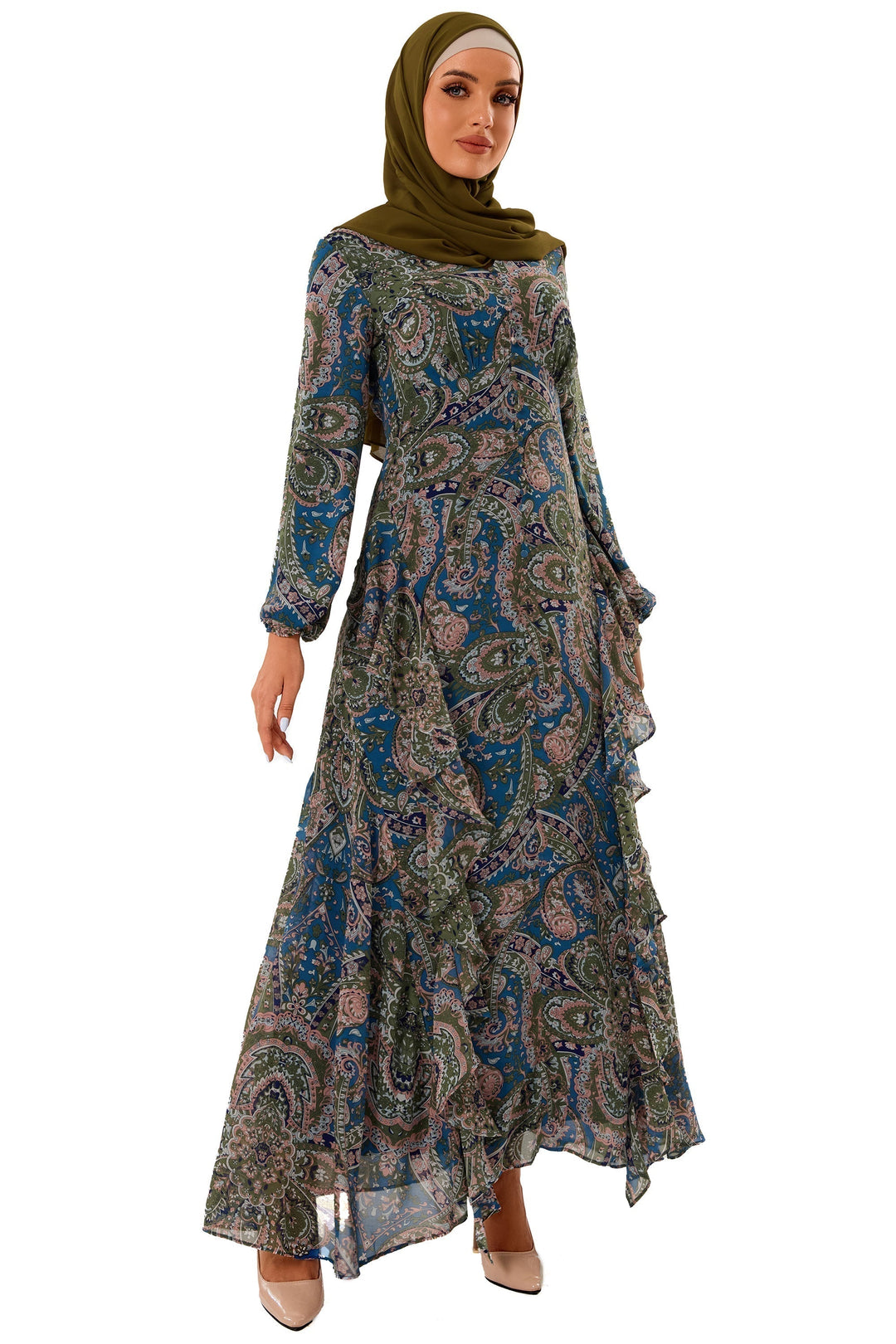 Chiffon Paisley Long Sleeve Maxi Dress - Urban Modesty