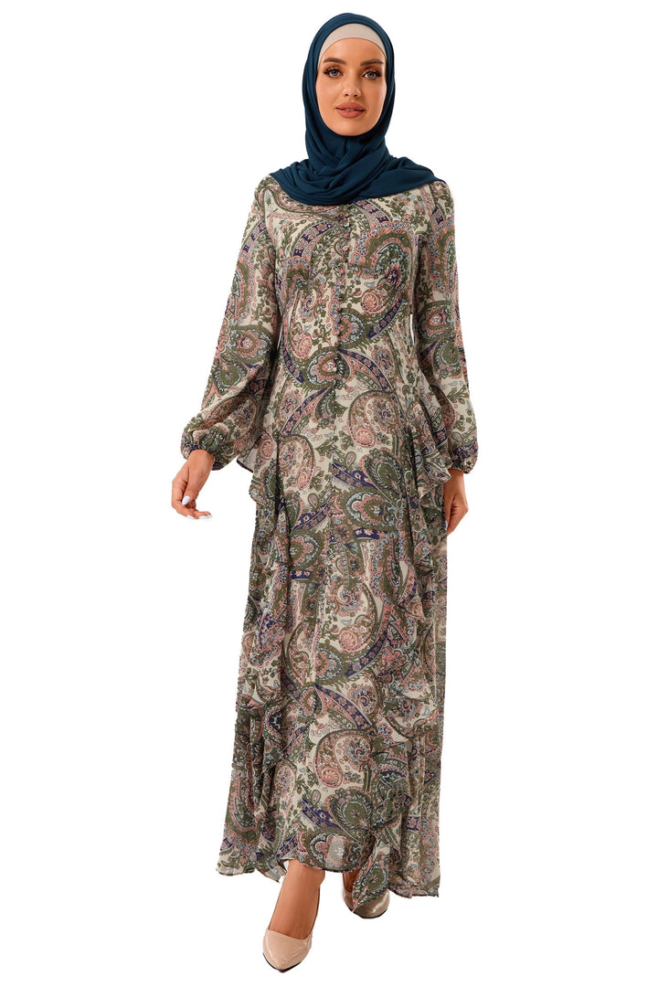 Chiffon Paisley Long Sleeve Maxi Dress - Urban Modesty